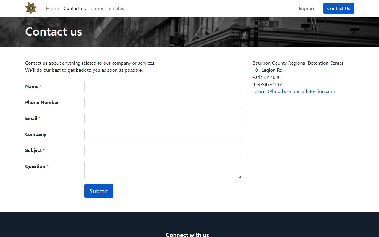 Bourbon County Regional Jail contact page with address phone and contact form