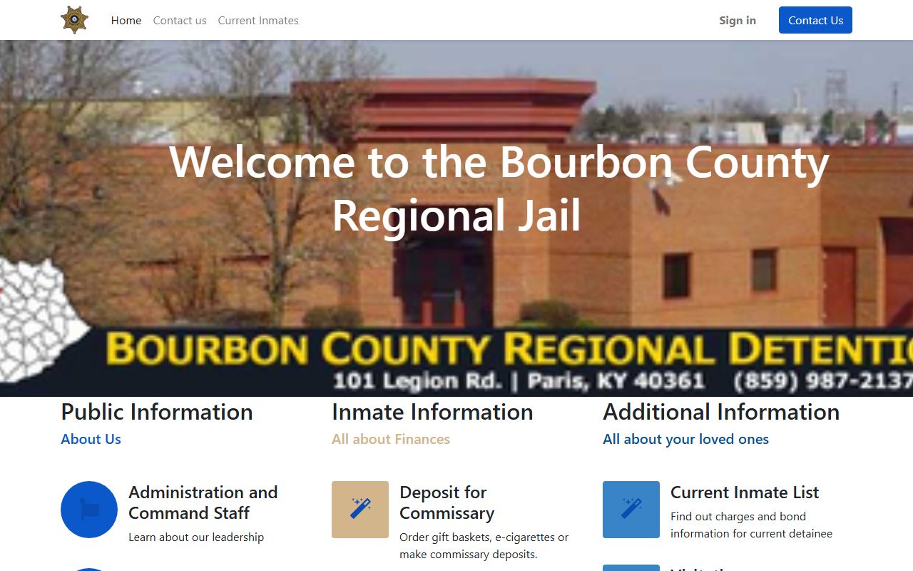 Bourbon County Regional Jail homepage with public information and inmate information cards