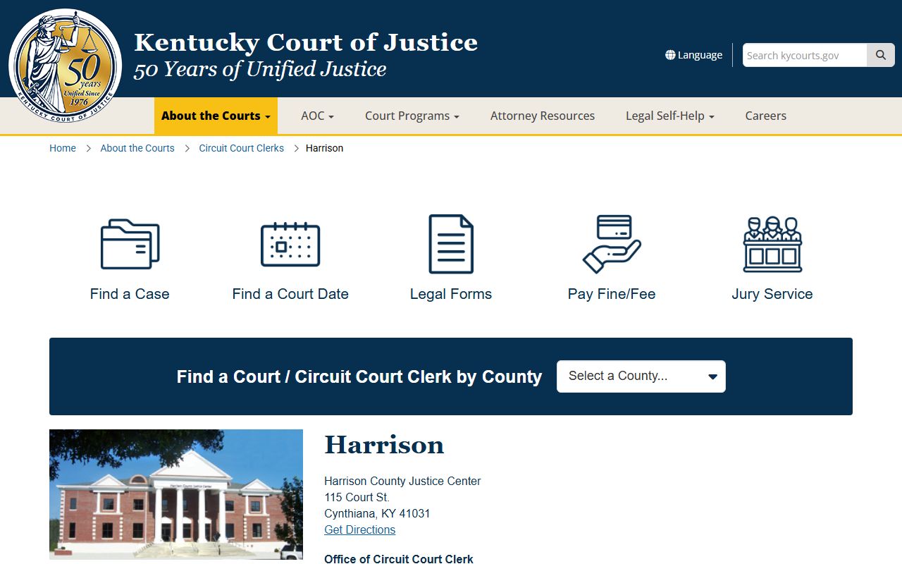 Harrison County court records and Court of Justice page