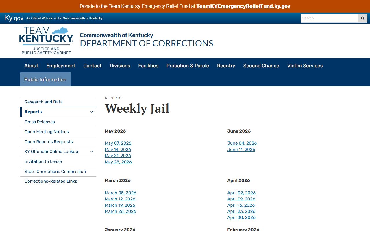 Kentucky Department of Corrections weekly jail report index